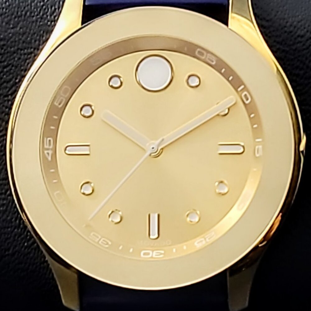 Movado Bold Gold Dial Quartz Watch –Unisex-Blue Silicone Strap – New Battery